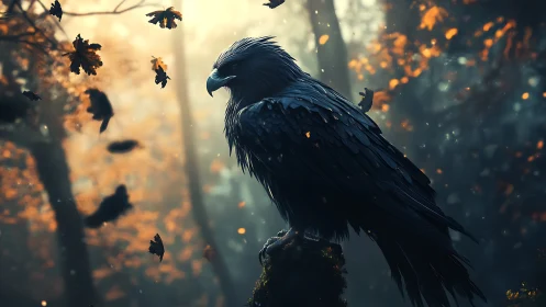 Majestic Black Eagle in Enchanted Autumn Forest, Cinematic Art.