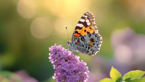 Gentle butterfly resting on sunlit pink garden blossoms.