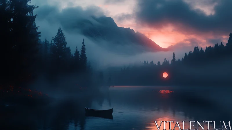 Foggy lake, silhouetted forest, and red sun at dusk.
