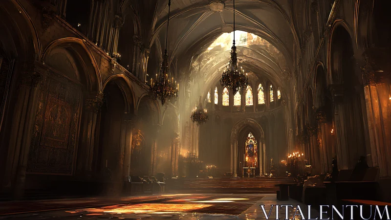 Gothic cathedral interior with golden light and altar focus.