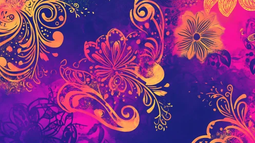 Neon floral whorls drift through electric twilight blooms.