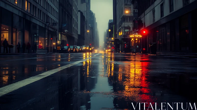 Wet urban street surface reflects distant vehicle headlights