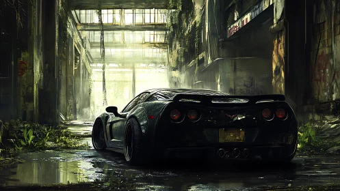 Black sports car in overgrown abandoned industrial hall.