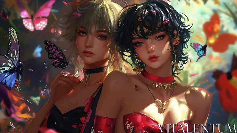 Digital painting of twin muses in luminous butterfly bloom.