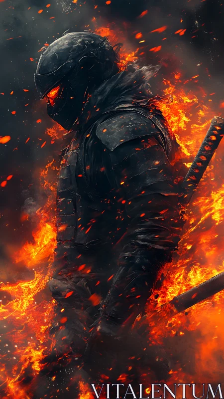 Digital painting of armored fire warrior in vertical inferno field.