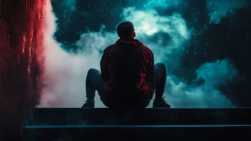 Solitary figure contemplates luminous nebula through stairwell