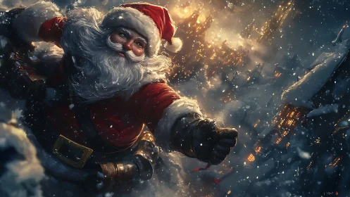 Santa Claus flies over snowy town in dynamic night scene