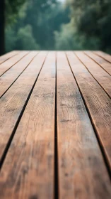Wooden deck planks with forest background in perspective.