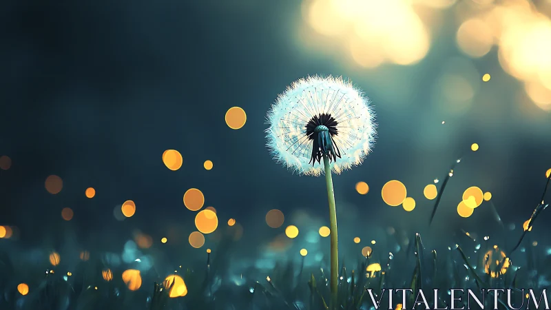 Backlit dandelion head isolates against teal bokeh field