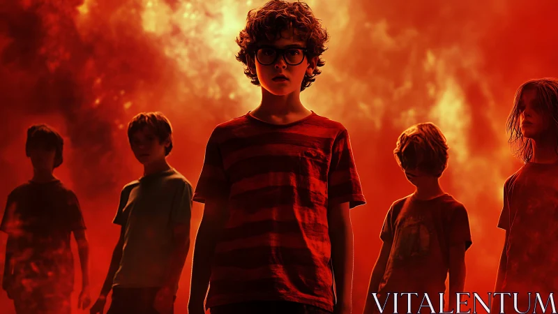 Preteen silhouettes in crimson atmospheric backlit haze