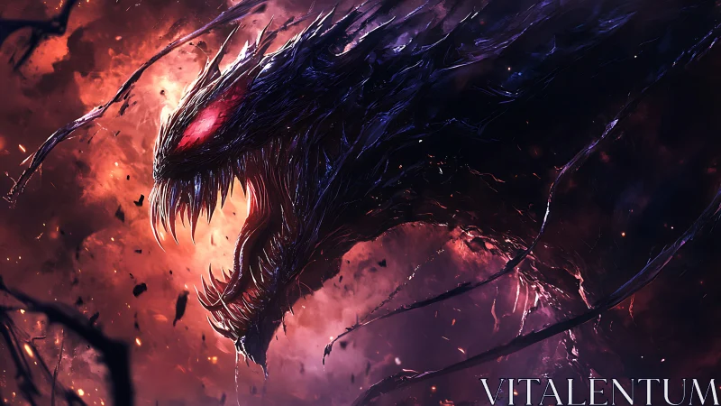 Voidborn demon roars through burning cosmic storm.