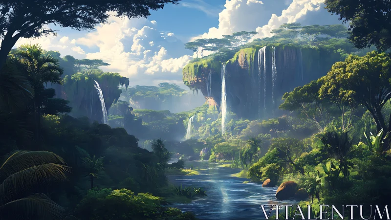 Waterfalls drift like silver veils over a dreaming jungle world