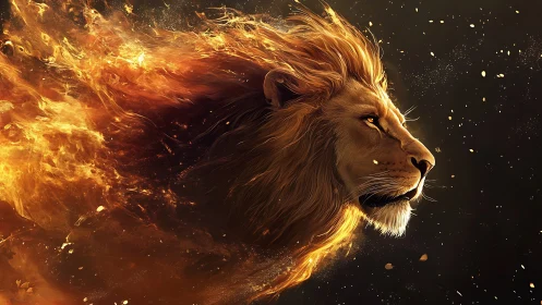Flaming lion head merges into dynamic fire plume with ember debris