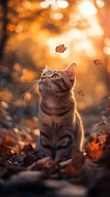 A curious kitten watches falling autumn leaves with wonder and delight