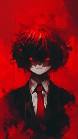 Crimson-suited shadow child smiles through burning red haze