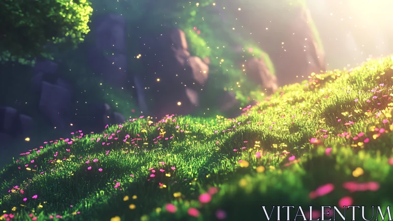 Sunlit grassy hillside shows stylized flowers and glowing particles