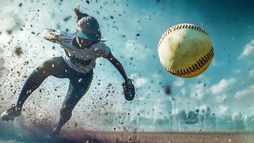 Softball player sliding hard as fastball spins toward camera