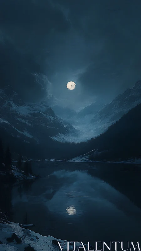 Lunar-lit alpine lake framed by snowbound mountains at night