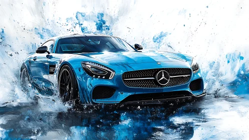 Electric blue sports car slicing through abstract water bursts.