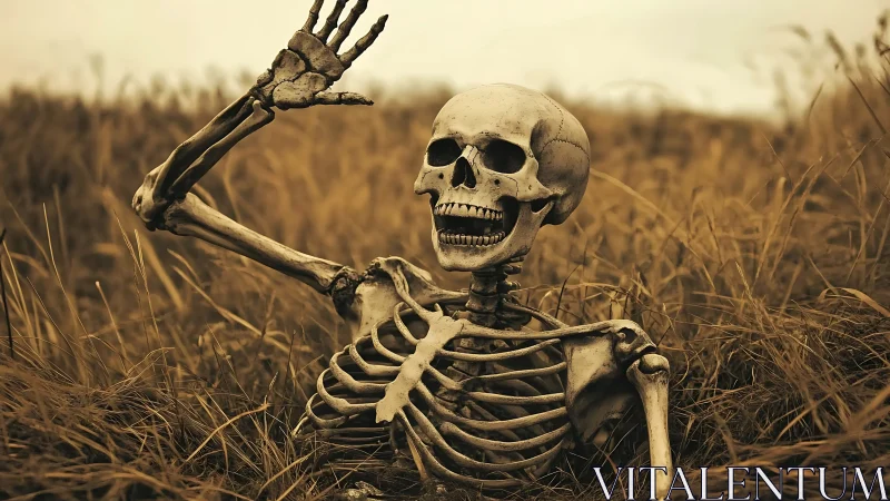 Smiling skeleton waves from eerie golden grassland at dusk