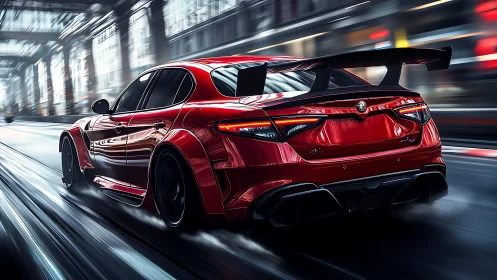 Red racing sedan blazing through futuristic city tunnel.