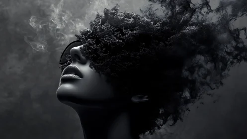 Surreal digital portrait with dissolving smoky visage.