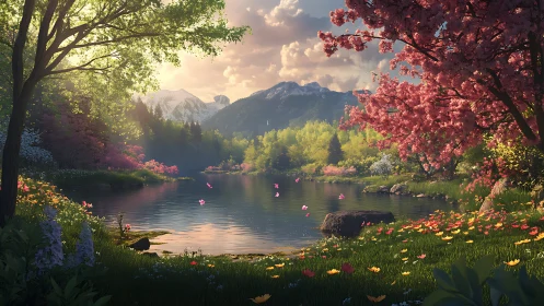 Spring alpine lake rendered with luminous atmospheric depth