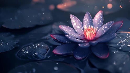 Macro-rendered water lily with dewdrops and shallow depth-of-field bokeh