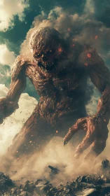 Colossal humanoid creature emerges from smoke and debris