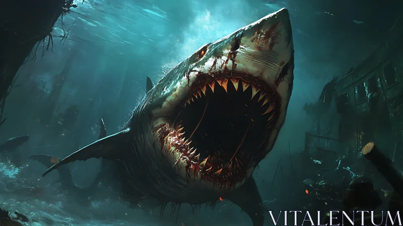 Gigantic bloodstained shark in deep-sea wreck environment.