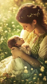 Woman with child amid luminous dandelion field at golden hour.