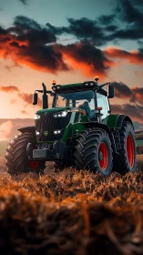 Modern green tractor dominates harvested field at sunset.