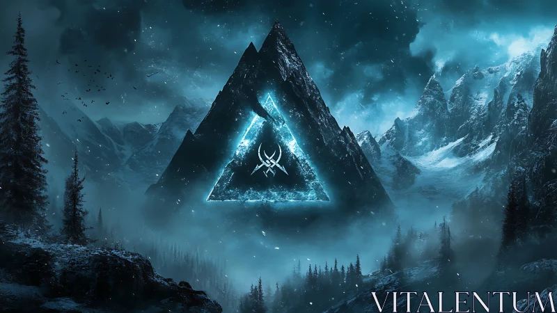 Glowing rune triangle hovering over icy alpine mountainscape.