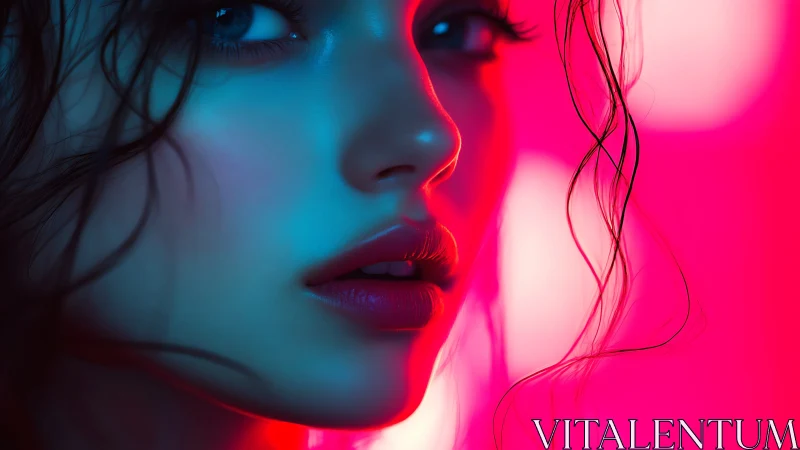 Neon whispers trace her profile in electric cyan and pink glow