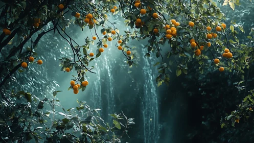 Golden forest fruit over misty waterfall glen.