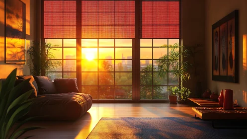 Sunlit lounge embraces warm sunset through tall windows.