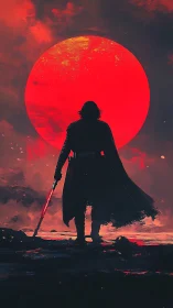 Dark warrior stands before burning red sun in storm sky