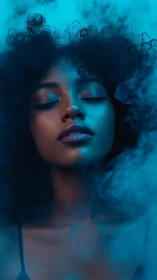 Blue neon portrait captures serene woman in soft haze.