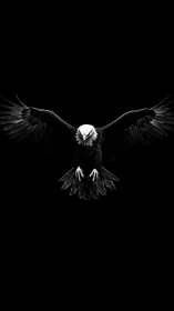 Bald eagle descends with wings fully spread over black void
