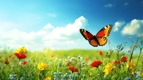 Butterfly moves above mixed wildflowers under daylight sky