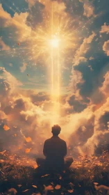 Solitary figure observes vertical light column through clouds