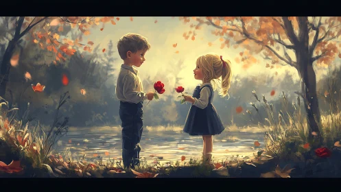 Children Exchange Roses in Autumn Forest.