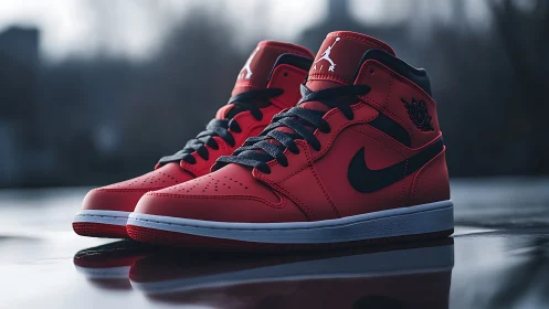 Red high-top sneakers stand bold against a moody urban glow