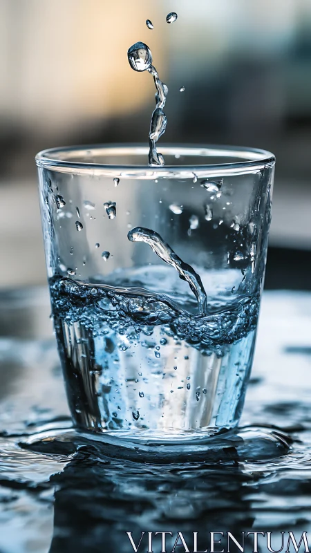 Splashing water in glass captured in sharp macro detail.