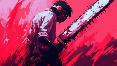 Blood-soaked warrior wields roaring chainsaw blade in crimson storm