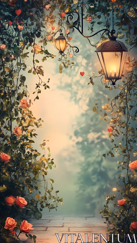 Lantern-lit rose passageway glowing with soft enchanted twilight.
