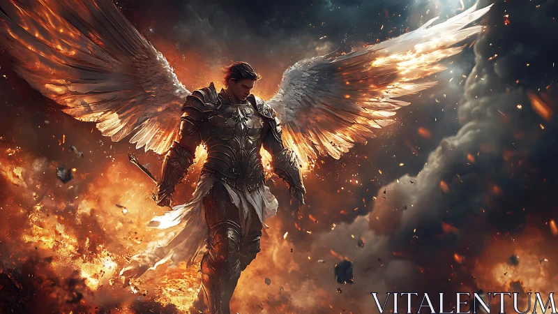 Flaming skyborn angel strides through stormlit battlefield.