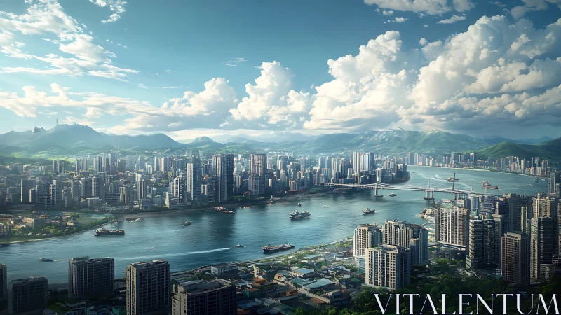 Sunlit harbor city skyline stretches toward green distant hills