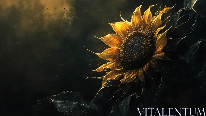 Golden sunflower glows against deep shadowed background.