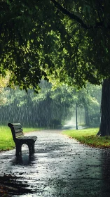 Park bench and wet pathway under dense rain-soaked foliage.